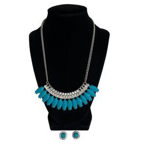 Teal Bib Statement Necklace Set Silver Tone Rhinestone Earrings Womens